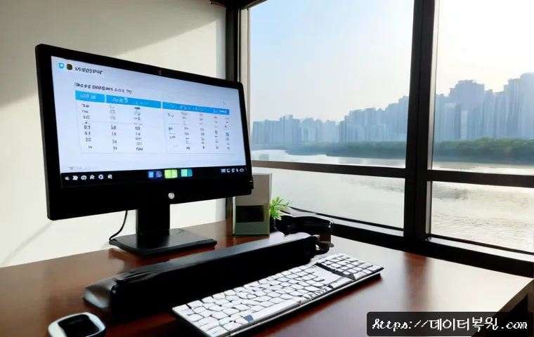 자양동 MULTIPLE_IRP_COMPLETE_REQUESTS - Photorealistic remote-support workstation in a quiet Jayang-dong apartment office, dual monitors sho...