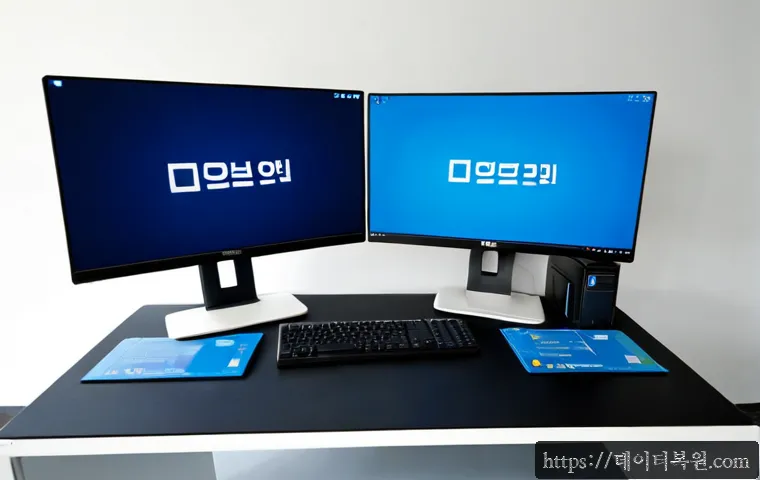 금천구 PAGE_TABLE_CORRUPT - Photorealistic IT support workstation in a modern Geumcheon industrial office, dual monitors showing...