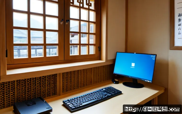누하동 STATUS_KERNEL_FILE_SYSTEM_ERROR - Photorealistic IT support workstation in a quiet hanok-inspired neighborhood office, dual monitors s...