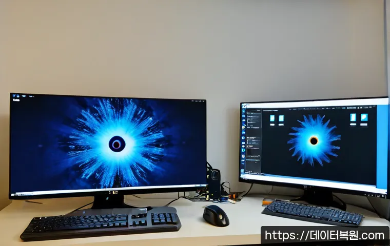 화양동 THREAD_STUCK_IN_DEVICE_DRIVER - Photorealistic PC repair workstation in a compact Hwayang-dong apartment office, dual monitors showi...
