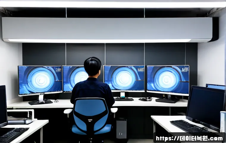 용답동 IO1_INITIALIZATION_FAILED - Photorealistic IT support workstation in a compact Yongdap-dong industrial office, dual blank monito...