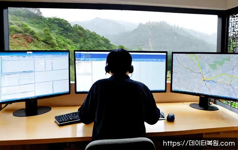 청운동 STATUS_CONNECTION_REFUSED - Photorealistic remote IT support workstation in a quiet hillside studio, dual monitors showing abstr...