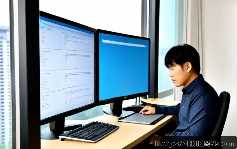 창동 STATUS_PAGEFILE_MISSING - Photorealistic IT support workstation in a compact Changdong apartment office, dual monitors showing...