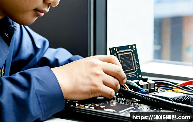 원효로 VGA조립 및 교체수리 - Photorealistic electronics repair bench in Wonhyo-ro, Seoul, technician carefully installing a high-...