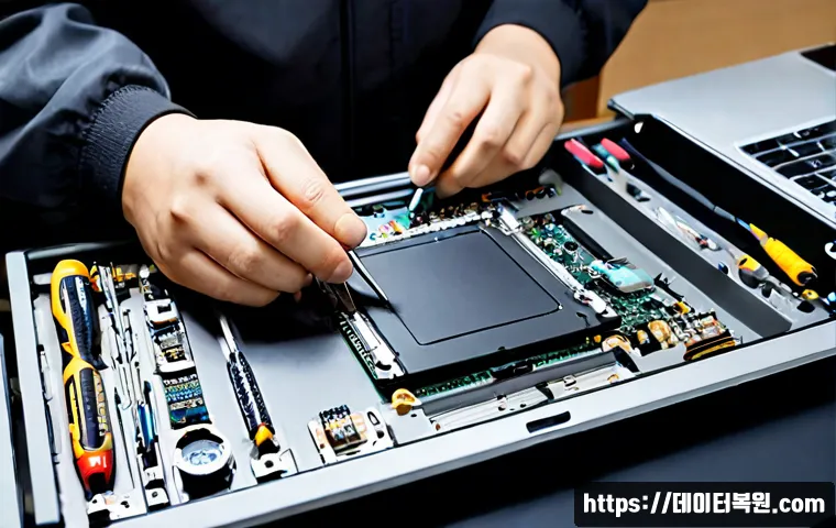 미아동 맥북프로 판매 및 수리 - Photorealistic electronics repair workshop in Mia-dong, Seoul, technician carefully replacing compon...