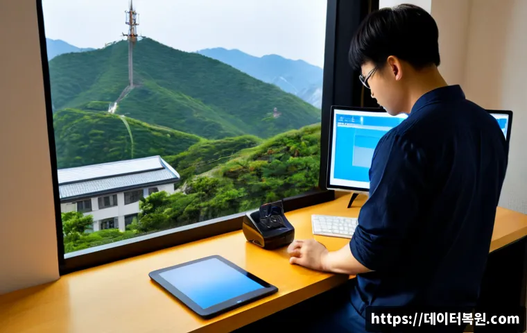 필동 모니터화면 안나옴 - Photorealistic IT support scene in a compact Pil-dong design studio, a desktop monitor showing a com...