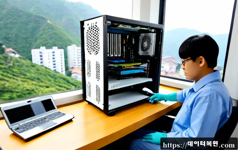 면목동 메모리조립 및 교체수리 - Photorealistic computer repair workstation in a compact Myeonmok-dong apartment office, technician w...