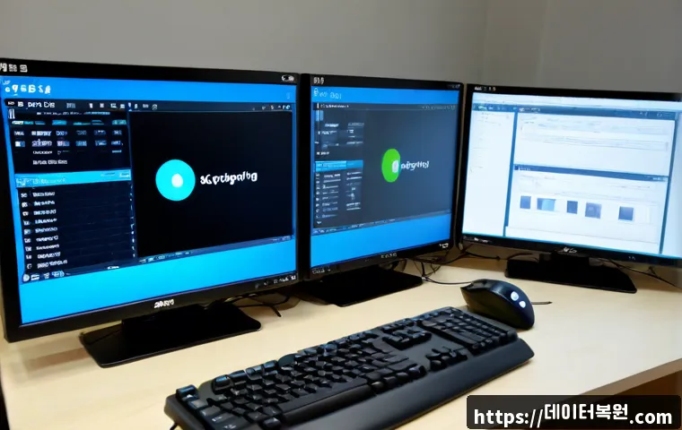 대방동 IO1_INITIALIZATION_FAILED - Photorealistic IT support workstation in Daebang-dong, Seoul, dual monitors showing a blank software...