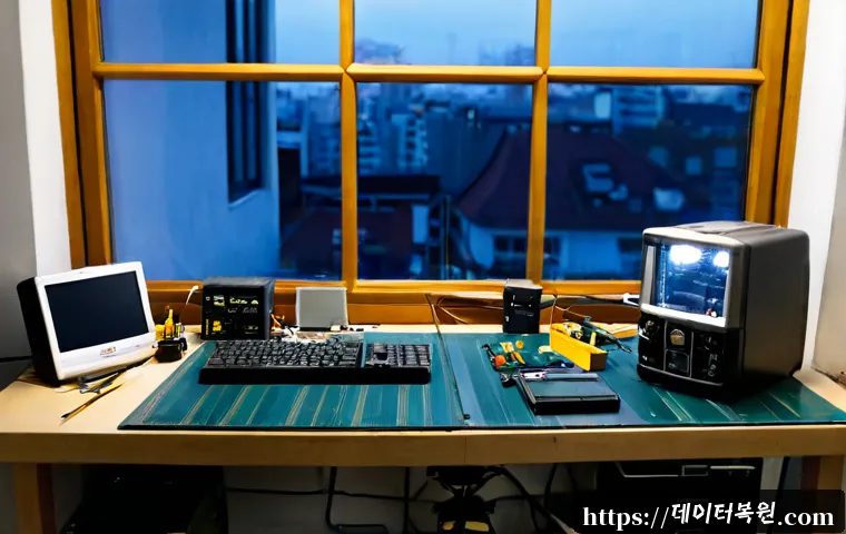 상일동 맥미니 판매 및 수리 - Photorealistic electronics repair bench in a quiet Sangil-dong neighborhood workshop, compact silver...