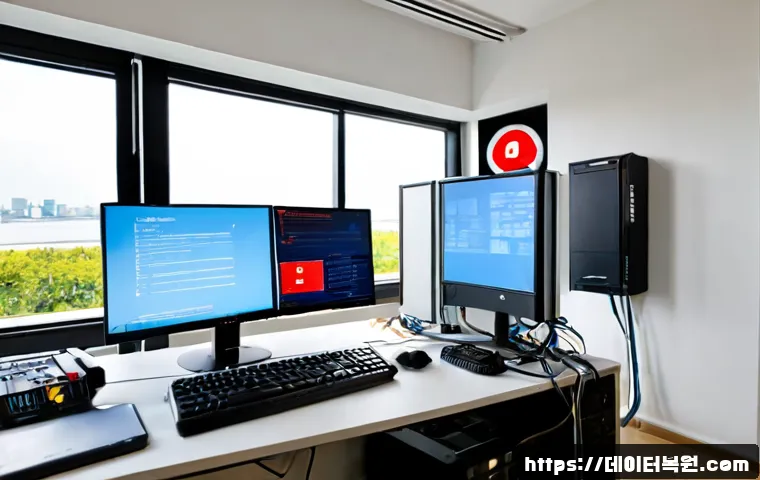 광장동 STATUS_KERNEL_MODULE_ACCESS_DENIED - Photorealistic IT support workstation in a bright apartment office near a broad riverside boulevard,...