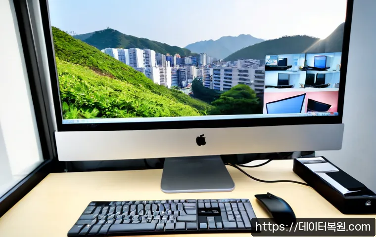 청룡동 STATUS_INVALID_IMAGE_FORMAT - Photorealistic IT support workstation in a compact hillside neighborhood office, dual monitors showi...