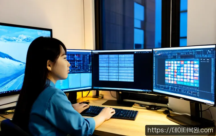 효창동 STATUS_DISK_CORRUPTION - Photorealistic IT support workstation in a compact Hyochang-dong office, dual monitors showing abstr...