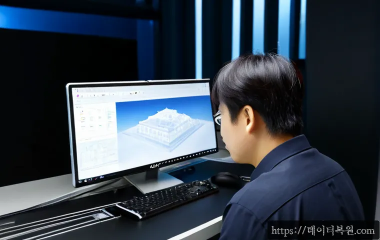 주자동 STATUS_ACCESS_VIOLATION - Photorealistic remote-support workstation, a software technician reviewing a frozen architectural CA...