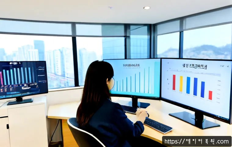 서소문동 USER_MODE_HEALTH_MONITOR - Photorealistic remote health-monitoring workstation in a modern office near Seosomun-dong, dual wide...