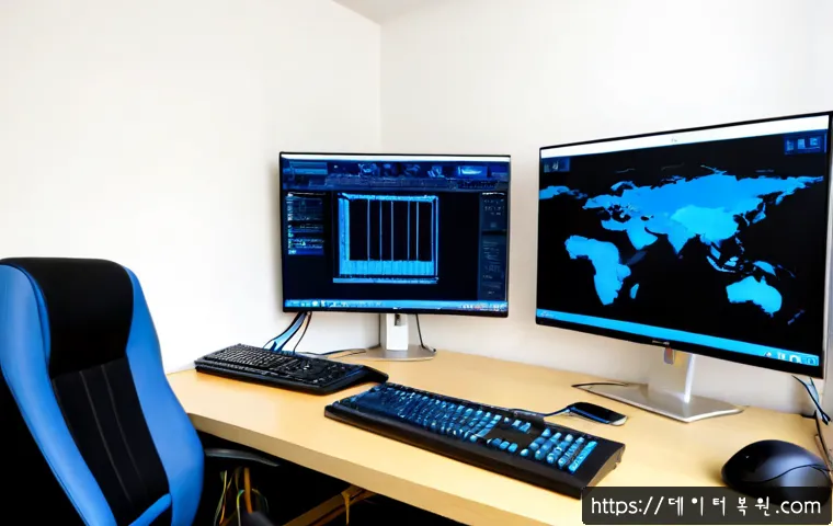 주성동 STATUS_KERNEL_EXECUTION_ERROR - Photorealistic IT support workstation in a quiet Juseong-dong apartment office, dual monitors showin...