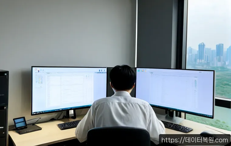 반포동 STATUS_KERNEL_CONFIGURATION_ERROR - Photorealistic IT support workstation in a refined Banpo apartment office, dual monitors showing abs...