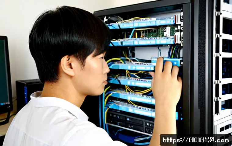 광남동 나스 nas 설정및수리 - Photorealistic compact IT repair workspace in a Gwangnam-dong apartment office, technician connectin...