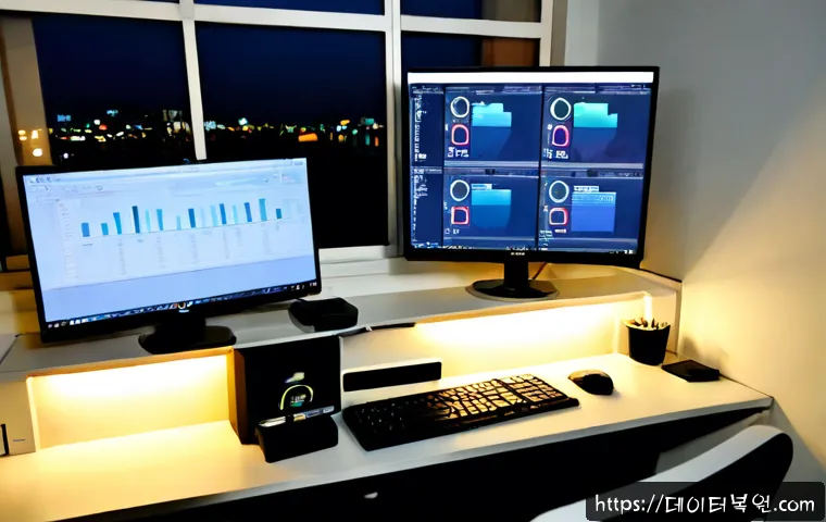 성현동 STATUS_KERNEL_MEMORY_LEAK - Photorealistic IT support workstation in a compact Seonghyeon-dong apartment office at dusk, dual mo...