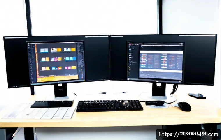 광희동 STATUS_KERNEL_BOOT_FAILURE - Photorealistic IT support workstation in a compact Gwanghui-dong design studio, dual monitors showin...