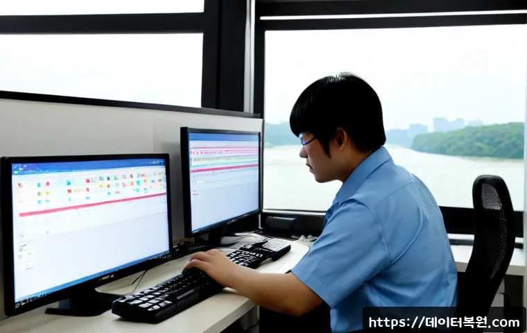 자양동 STATUS_STACK_OVERFLOW - Photorealistic IT support workstation in Jayang-dong, a focused technician examining a desktop monit...
