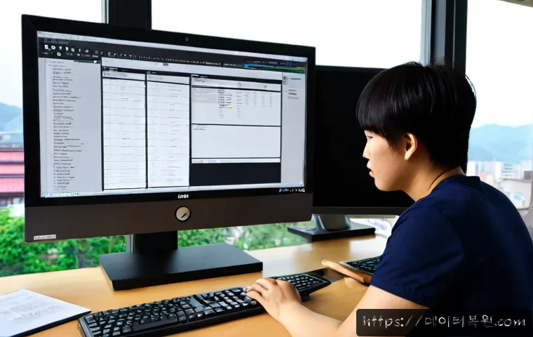 은평구 컴퓨터 desktop 출장방문수리점 - Photorealistic desktop computer repair technician servicing an open tower PC beside a dual-monitor h...