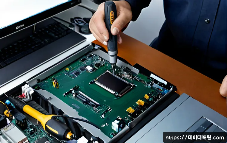 중산동 아이맥 판매 및 수리 - Photorealistic electronics repair studio in a quiet residential-commercial district, technician care...