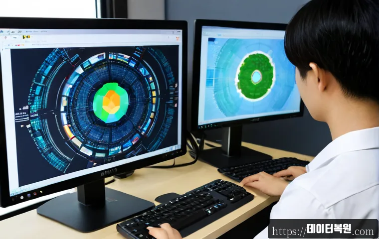 초동 STATUS_IMAGE_CORRUPTION - Photorealistic IT support workstation in a compact Seoul office, dual monitors showing a corrupted i...