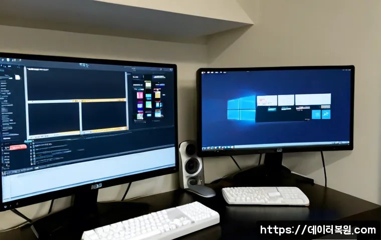 현저동 STATUS_CONTROL_C_EXIT - Photorealistic remote-support workstation in a compact hillside apartment office, dual monitors show...