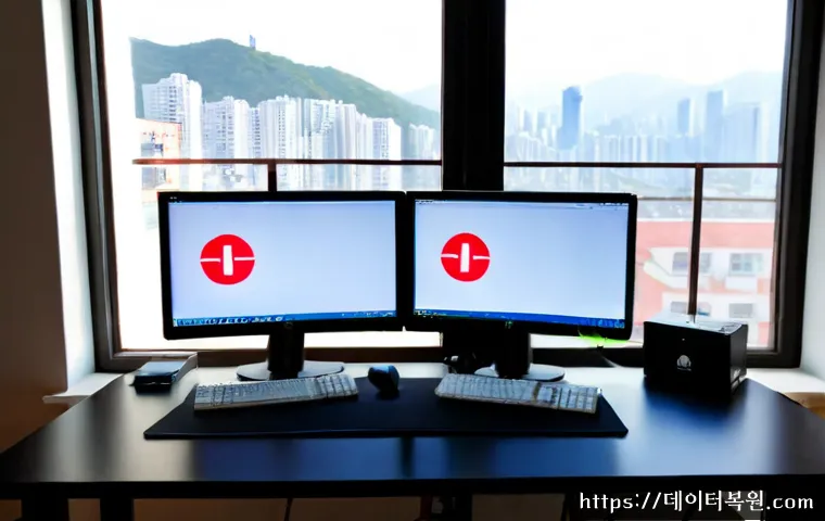 응봉동 STATUS_IO_ERROR - Photorealistic IT support workstation in a compact hillside apartment office, dual monitors showing ...