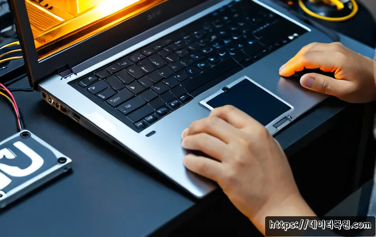 온수동 맥북프로 판매 및 수리 - Photorealistic warm-lit computer repair workshop in Onsu-dong, a premium aluminum laptop opened on a...