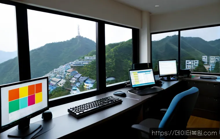 삼양동 MEMORY_MANAGEMENT - Photorealistic software engineer workstation in a compact hillside neighborhood office, dual monitor...