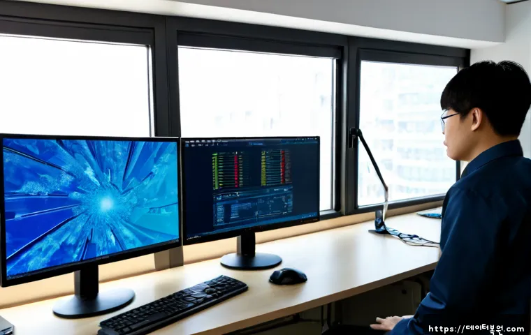 중림동 DRIVER_POWER_STATE_FAILURE - Photorealistic IT support workstation in a compact Jungnim-dong office, dual monitors showing a froz...