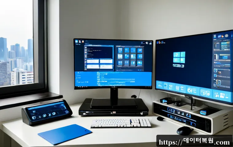 마포동 STATUS_KERNEL_CONFIGURATION_ERROR - Photorealistic remote-support workstation in a compact Mapo-dong apartment office, dual monitors sho...