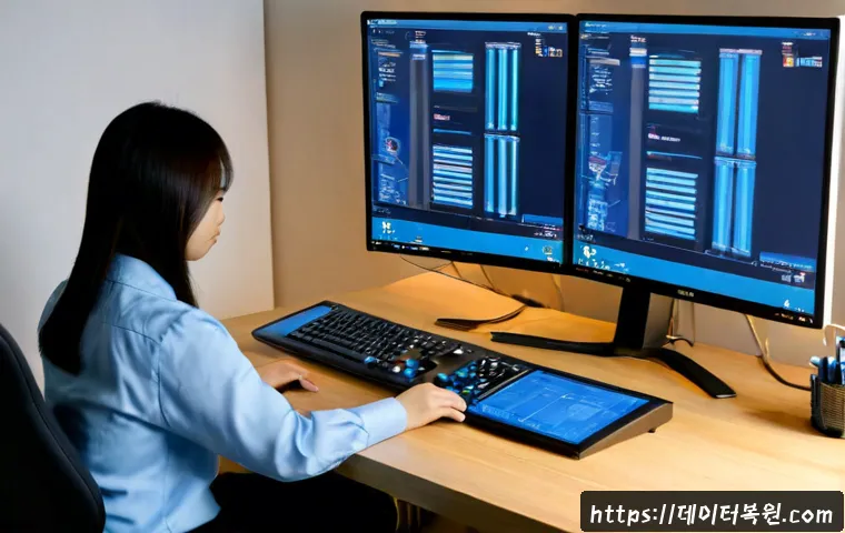 다동 SYSTEM_SERVICE_EXCEPTION - Photorealistic IT support workstation in a compact Da-dong office, dual monitors showing a blue abst...