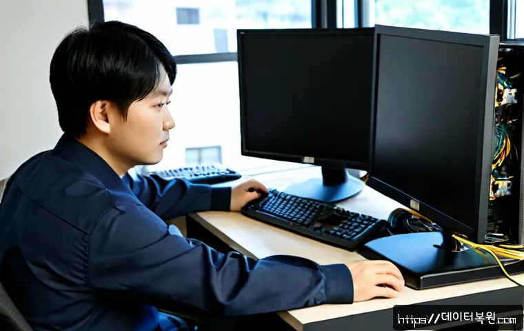 동숭동 모니터화면 안나옴 - Photorealistic computer repair workstation in a compact university-district office, technician check...