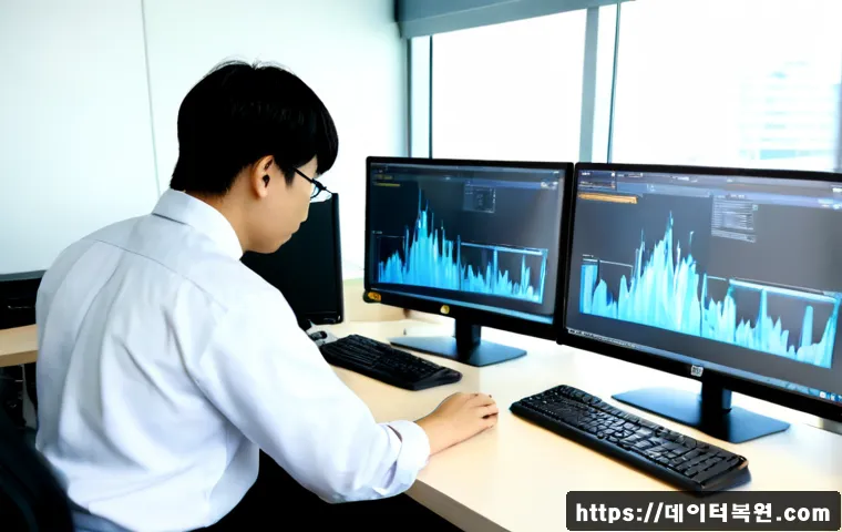 신도림 STATUS_KERNEL_STACK_CORRUPTION - Photorealistic IT support workstation in a modern Shindorim-style high-rise office, dual monitors sh...