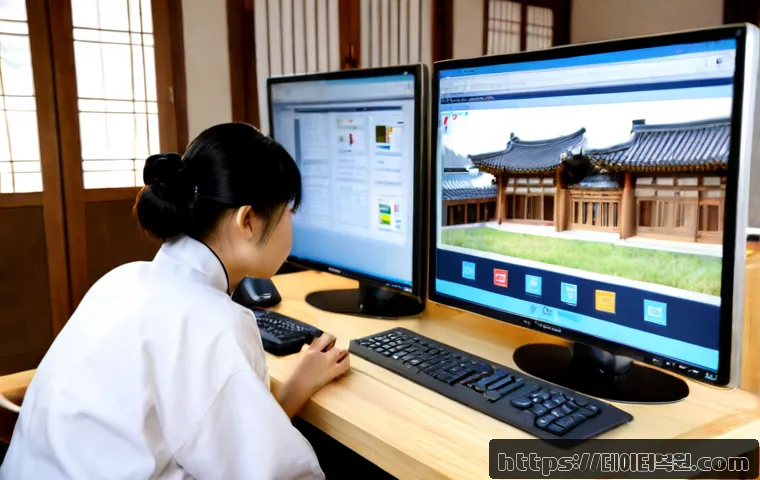 익선동 STATUS_FILE_INVALID - Photorealistic remote-support workstation in a compact office beside a softly blurred traditional Ko...