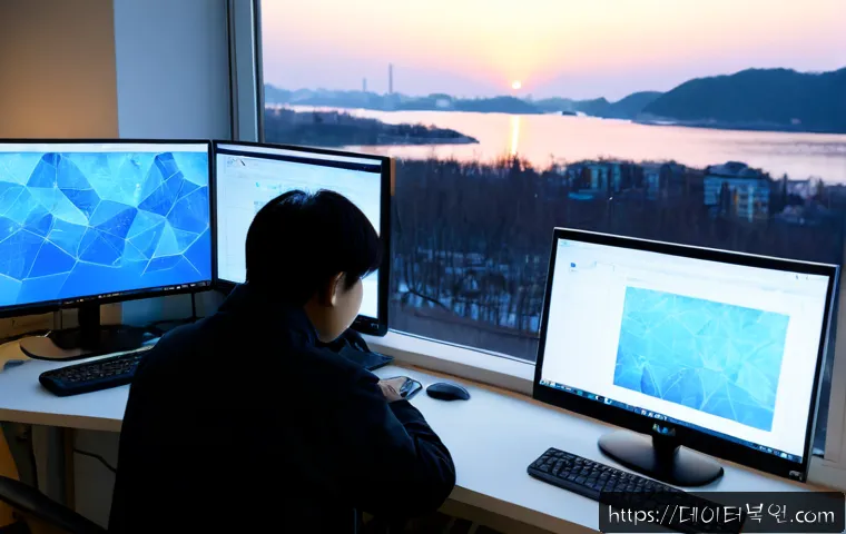 석촌동 STATUS_KERNEL_DEBUG_FAILURE - Photorealistic remote-support workstation in a compact Seokchon-dong apartment office, dual monitors...