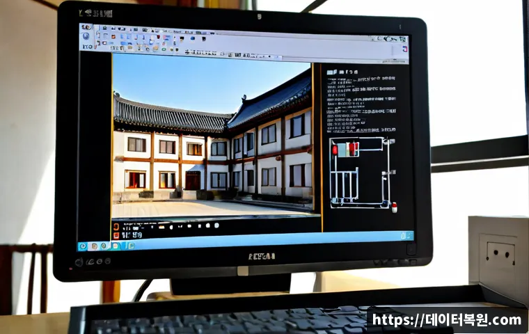 교북동 STATUS_IO_ERROR - Photorealistic compact architectural workstation in a quiet historic Korean neighborhood, dual monit...