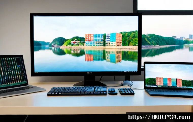 잠원동 STATUS_KERNEL_DATA_CORRUPTION - Photorealistic high-end desktop workstation in a quiet riverside apartment near a broad urban waterw...