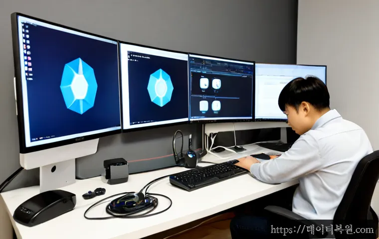 봉익동 UNEXPECTED_KERNEL_MODE_TRAP - Photorealistic remote-support workstation in a compact Bongik-dong design studio, dual monitors show...