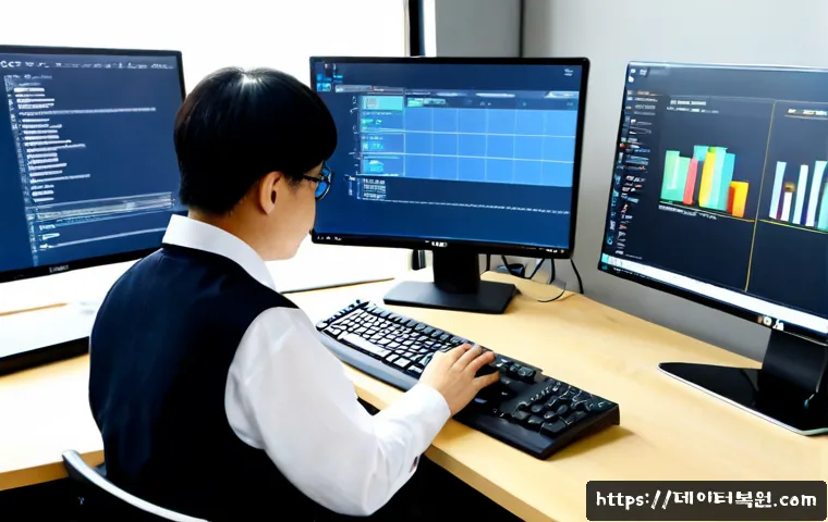 행촌동 STATUS_KERNEL_PERMISSION_DENIED - Photorealistic IT support workstation in a compact hillside apartment office, dual monitors showing ...