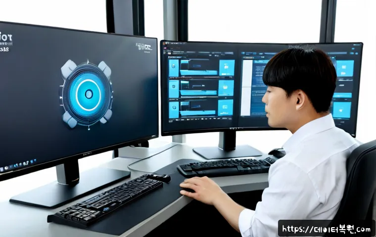 마포동 INTERNAL_POWER_ERROR - Photorealistic IT support workstation in a compact Mapo-dong office, dual monitors showing a blank d...