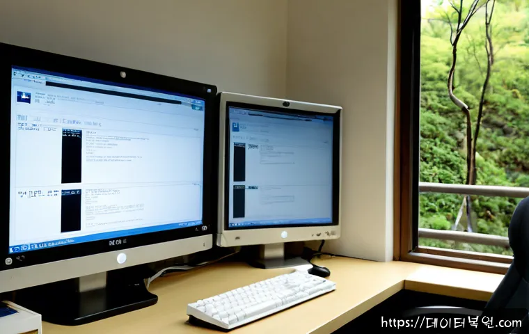 북한동 STATUS_INVALID_SESSION - Photorealistic IT support workstation in a quiet hillside neighborhood office, dual monitors showing...