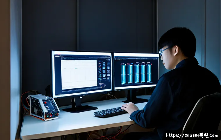 훈정동 NDIS_INTERNAL_ERROR - Photorealistic IT support workstation in a compact Seoul office near a quiet historic alley, dual mo...