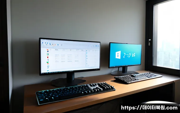 장위동 STATUS_FLOAT_DIVIDE_BY_ZERO - Photorealistic IT support workstation in a compact Jangwi-dong apartment office, dual monitors showi...