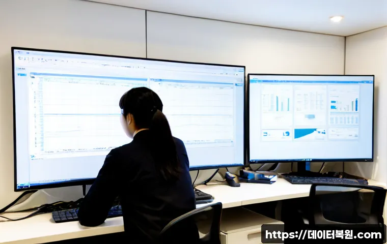 소하동 STATUS_KERNEL_LOG_FAILURE - Photorealistic IT support workstation in a modern Soha-dong office, dual monitors showing abstract s...