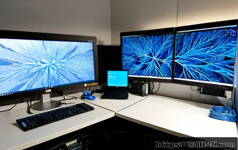 합정동 STATUS_KERNEL_CONNECTION_TIMEOUT - Photorealistic IT support workstation in a compact Hapjeong-style creative office, dual monitors sho...