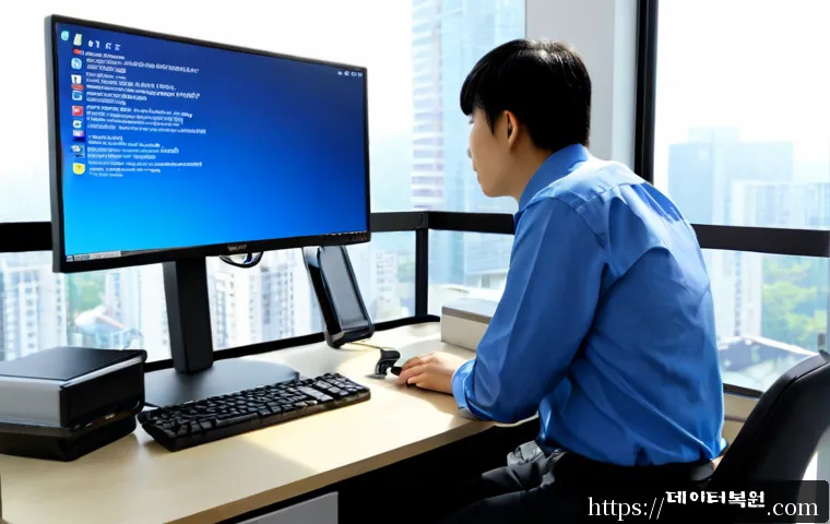 철산동 KERNEL_STACK_INPAGE_ERROR - Photorealistic IT support workstation in a compact Cheolsan-dong apartment office, dual monitors sho...