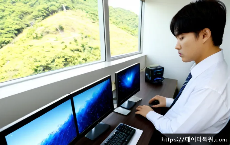 염곡동 SYSTEM_THREAD_EXCEPTION_NOT_HANDLED - Photorealistic IT support workstation in a quiet southern Seoul office near wooded foothills, dual m...